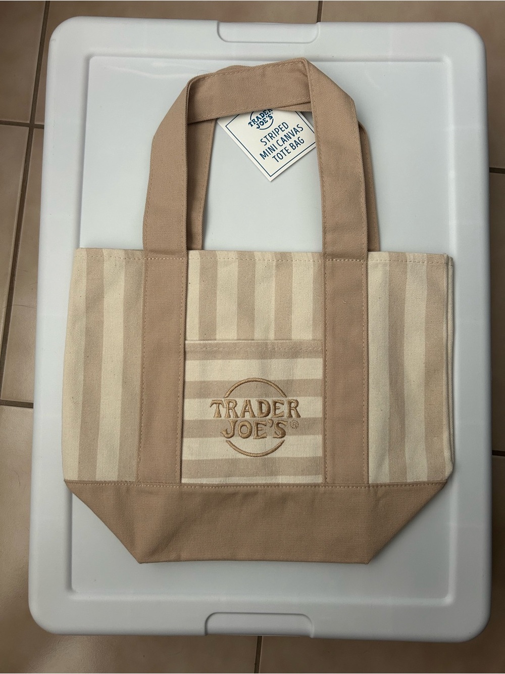 NWT Trader Joe's Beige & Cream Striped Mini Tote Bag